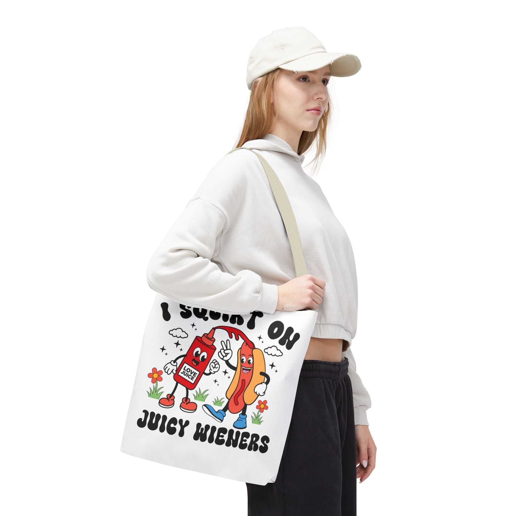 I Squirt On Juicy Wieners Fun Tote Bag with cheeky hot dog design and durable straps