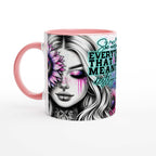 Motivational ceramic coffee mug with "She Overcame Everything" quote, colorful design, 11oz, glossy finish.
