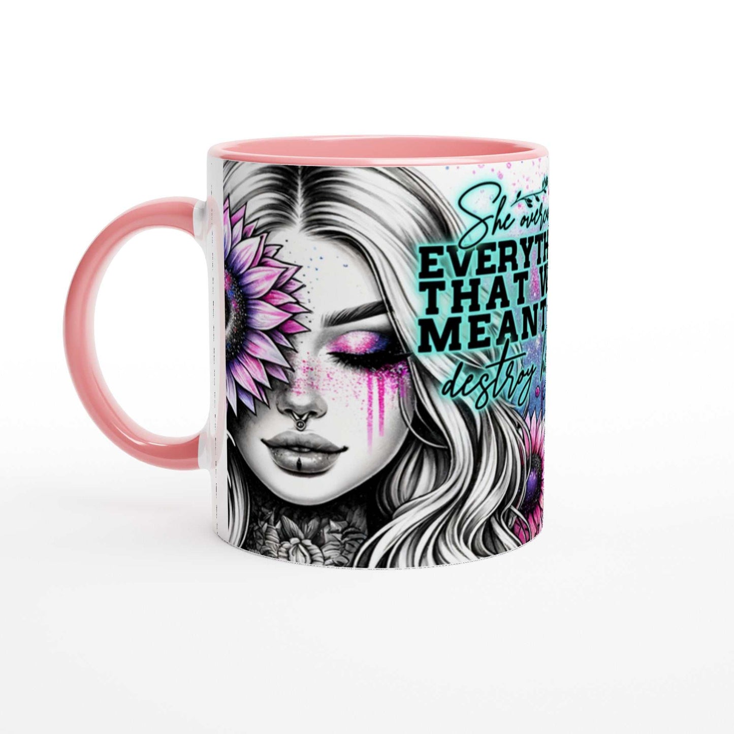 Motivational ceramic coffee mug with "She Overcame Everything" quote, colorful design, 11oz, glossy finish.