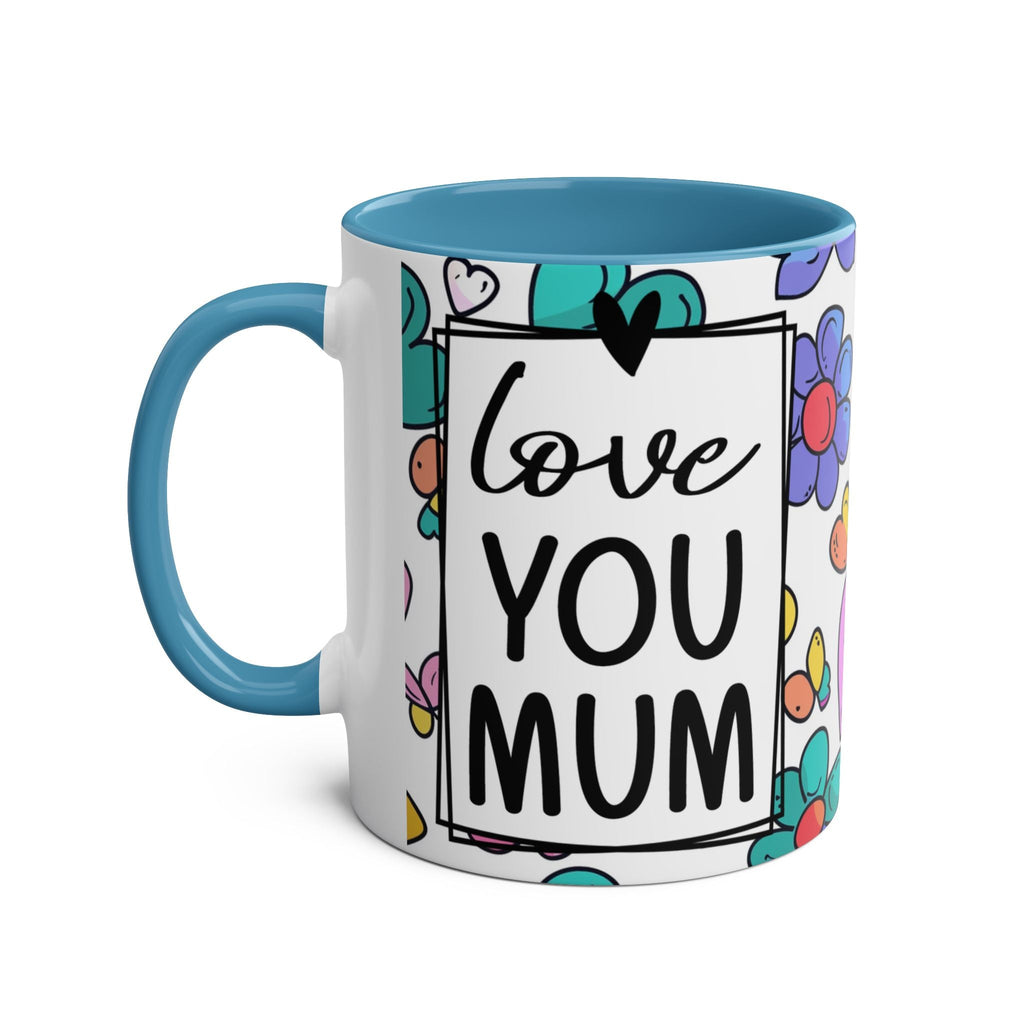 Love You Mum Floral Mug with heart and floral design, glossy ceramic, microwave and dishwasher safe.