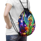 Neon Tinkerbell drawstring bag with vibrant fairy design, lightweight polyester, and durable metal grommets for casual and travel use