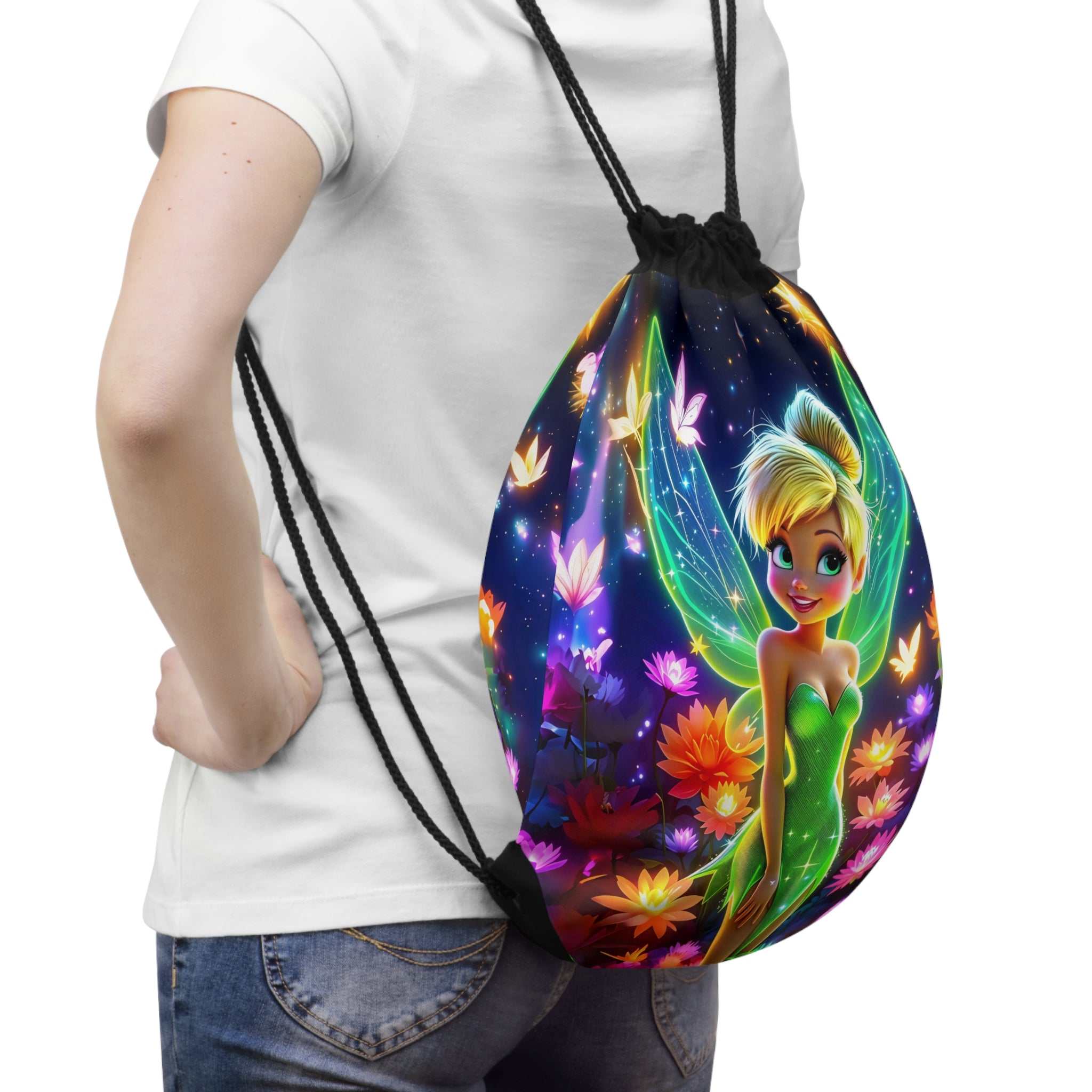 Neon Tinkerbell drawstring bag with vibrant fairy design, lightweight polyester, and durable metal grommets for casual and travel use