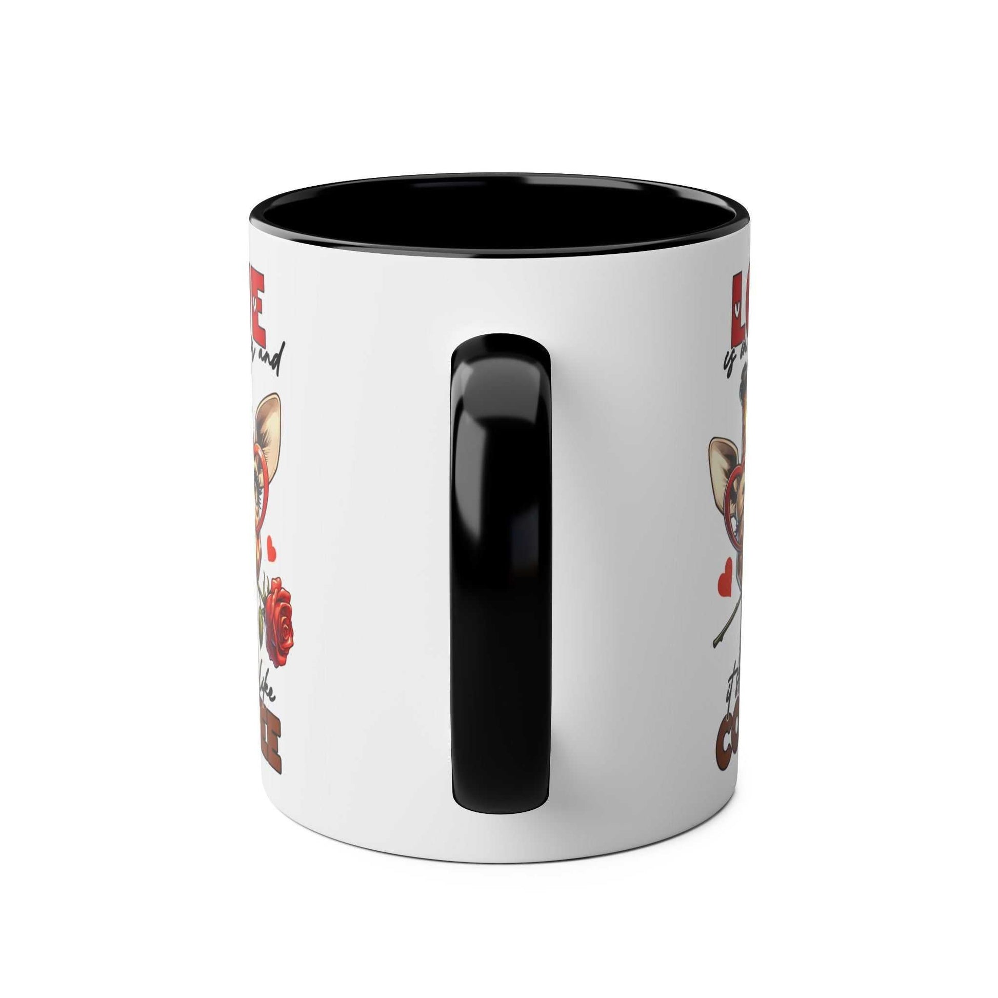 Giraffe design coffee mug with glossy finish and black handle.