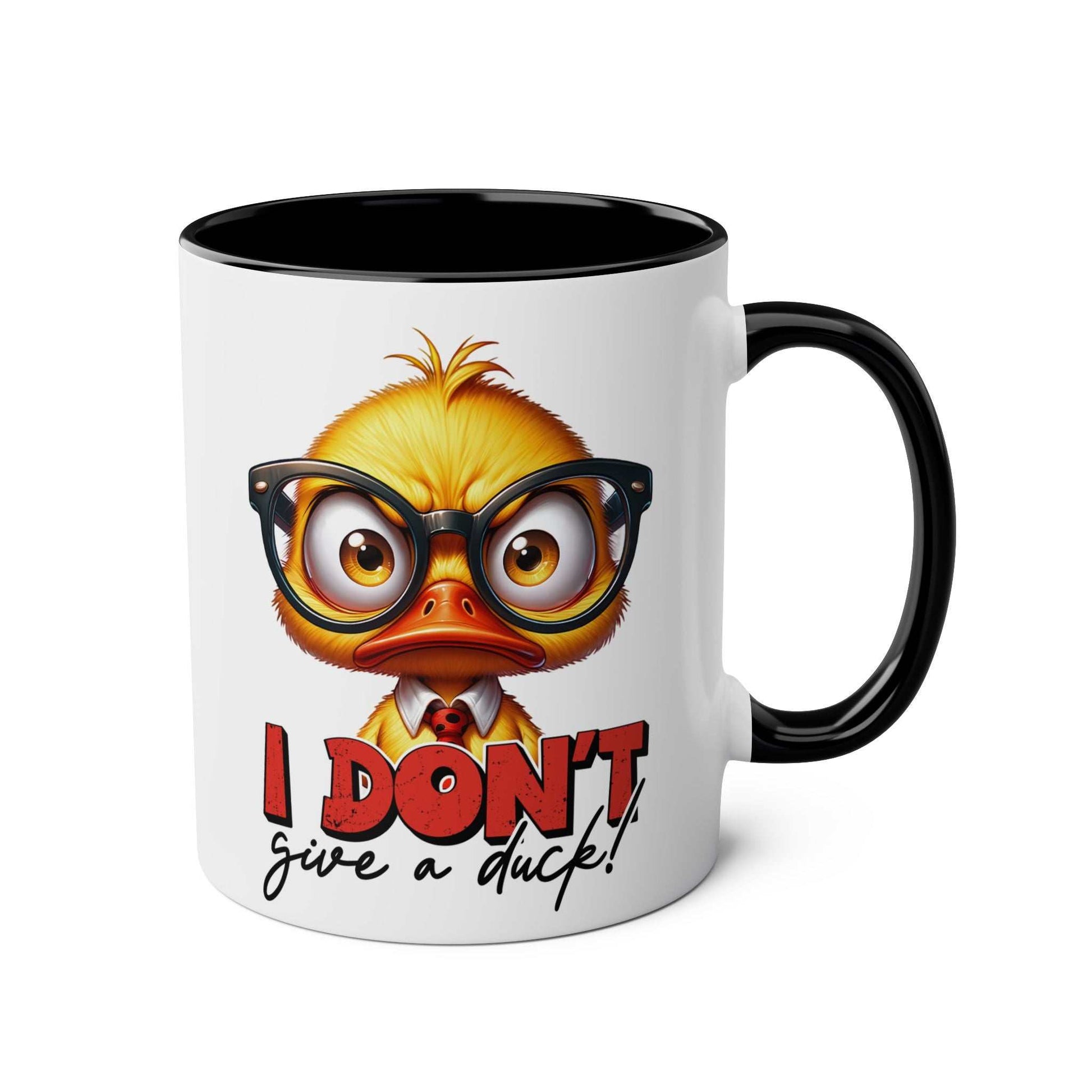 Quirky duck design coffee mug with text "I Don't Give A Duck" featuring glossy finish and black handle.