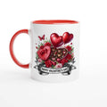 Glossy white 11oz ceramic gorgeous Valentines mug with colored rim and handle, dishwasher safe, vibrant design