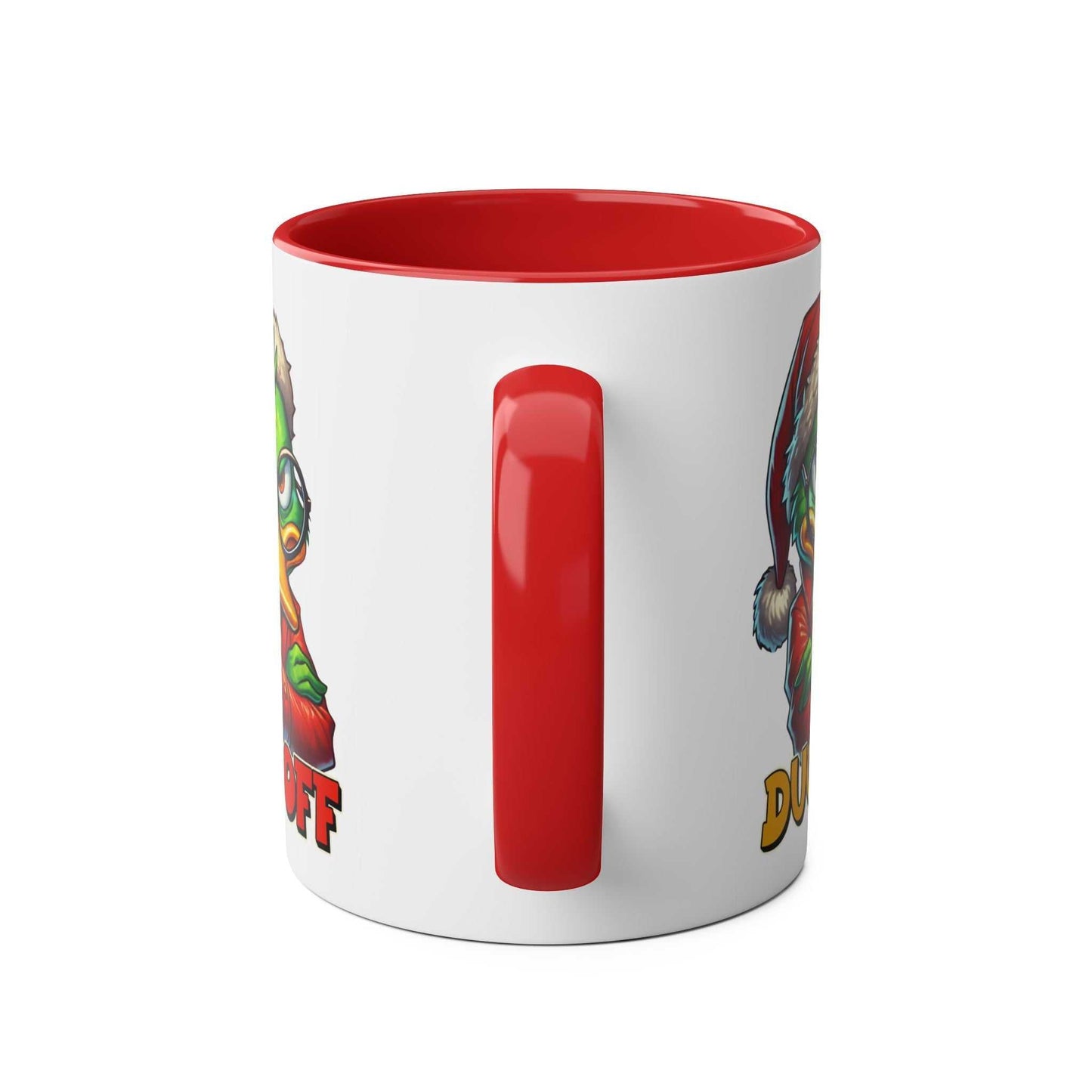 Sarky Christmas Mug with duck design and red handle, 11oz ceramic, microwave and dishwasher safe.