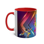 LGBTQ+ Pride Mug with vibrant rainbow design, red handle, and ceramic build.