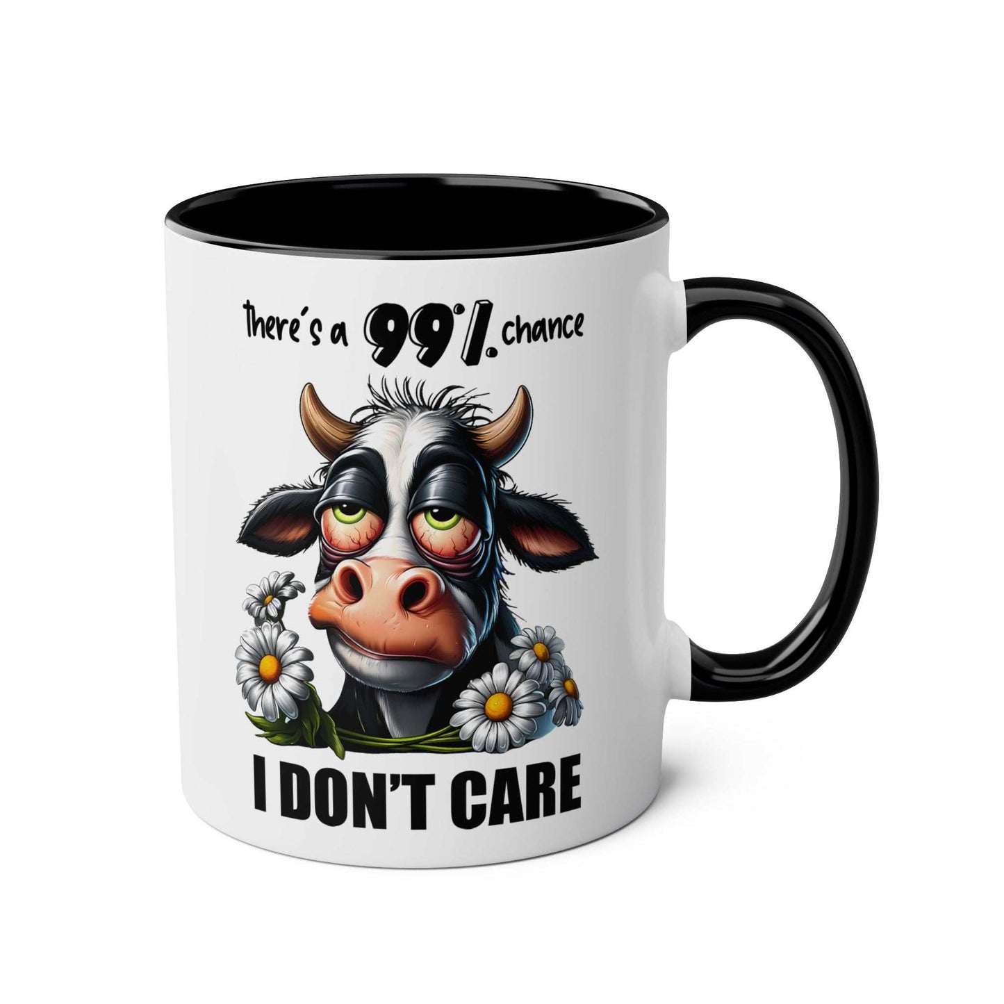 Ceramic mug with sarky cow design and "I Don't Care" text, perfect for adding fun to your coffee routine.