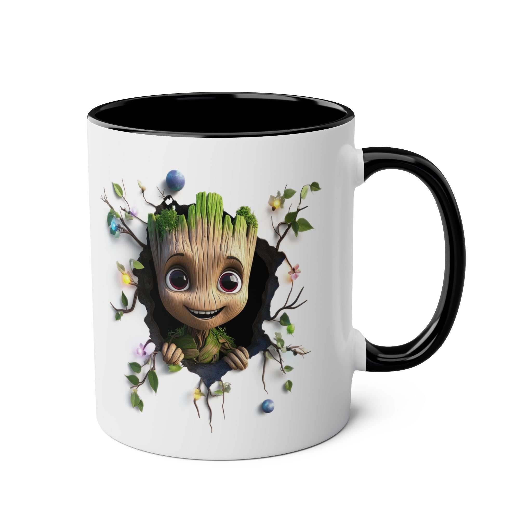 Baby Groot themed coffee mug with playful design, glossy finish, and black handle.