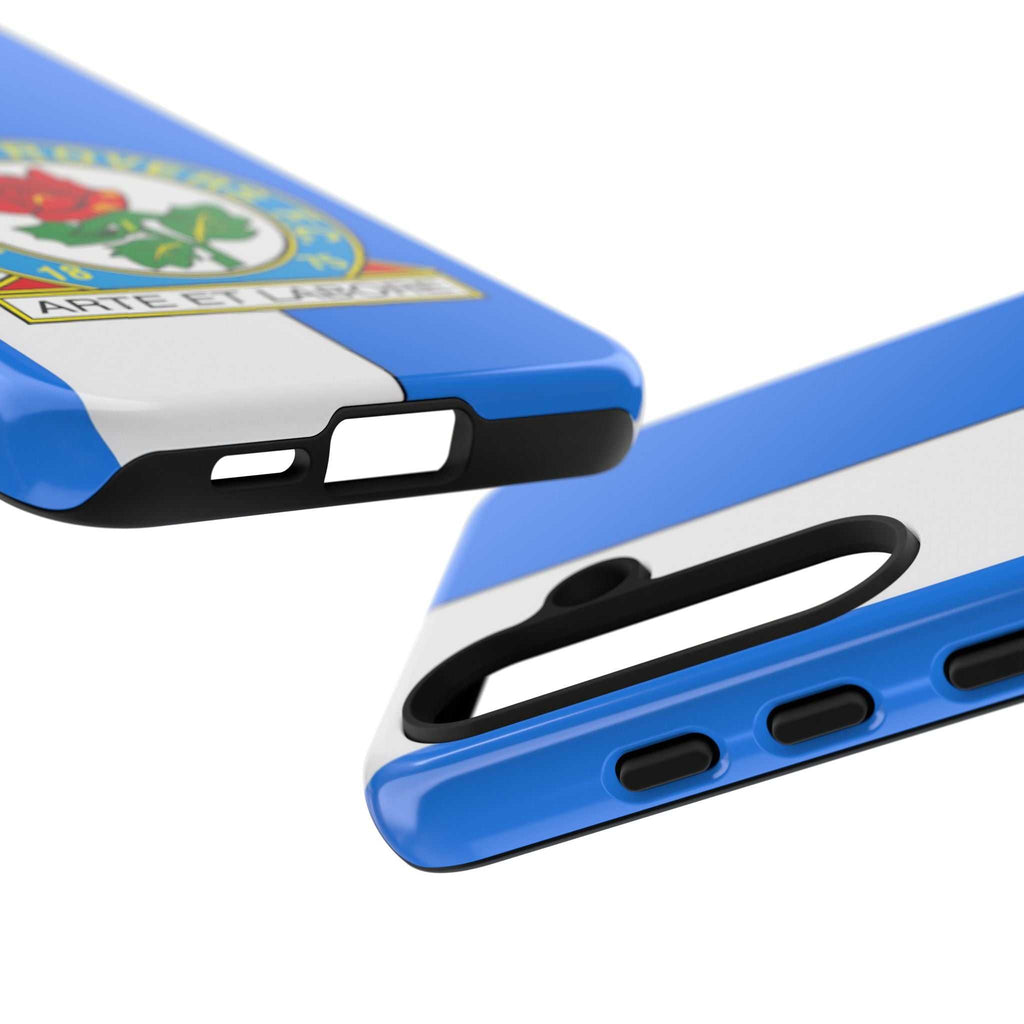 Blackburn Rovers Magnetic Samsung phone case with blue and white colors, dual-layer protection, and wireless charging compatibility