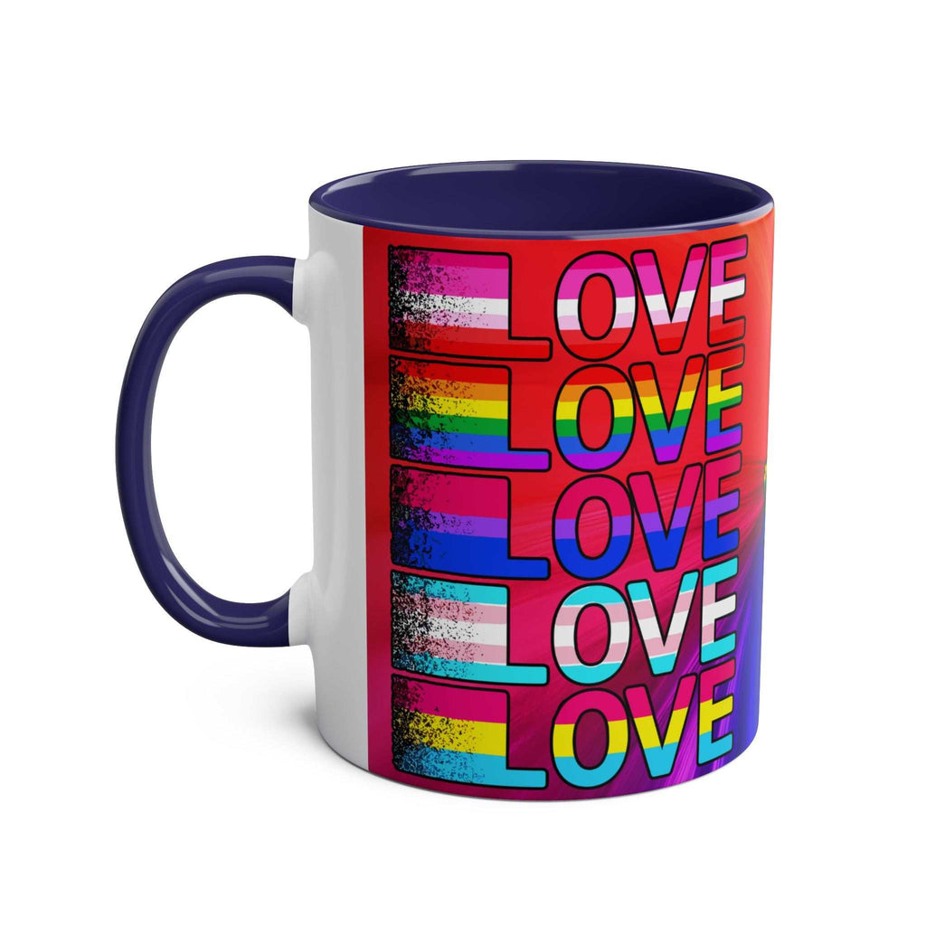 LGBTQ+ Pride Mug with vibrant rainbow design, glossy ceramic, 11oz, microwave and dishwasher safe.