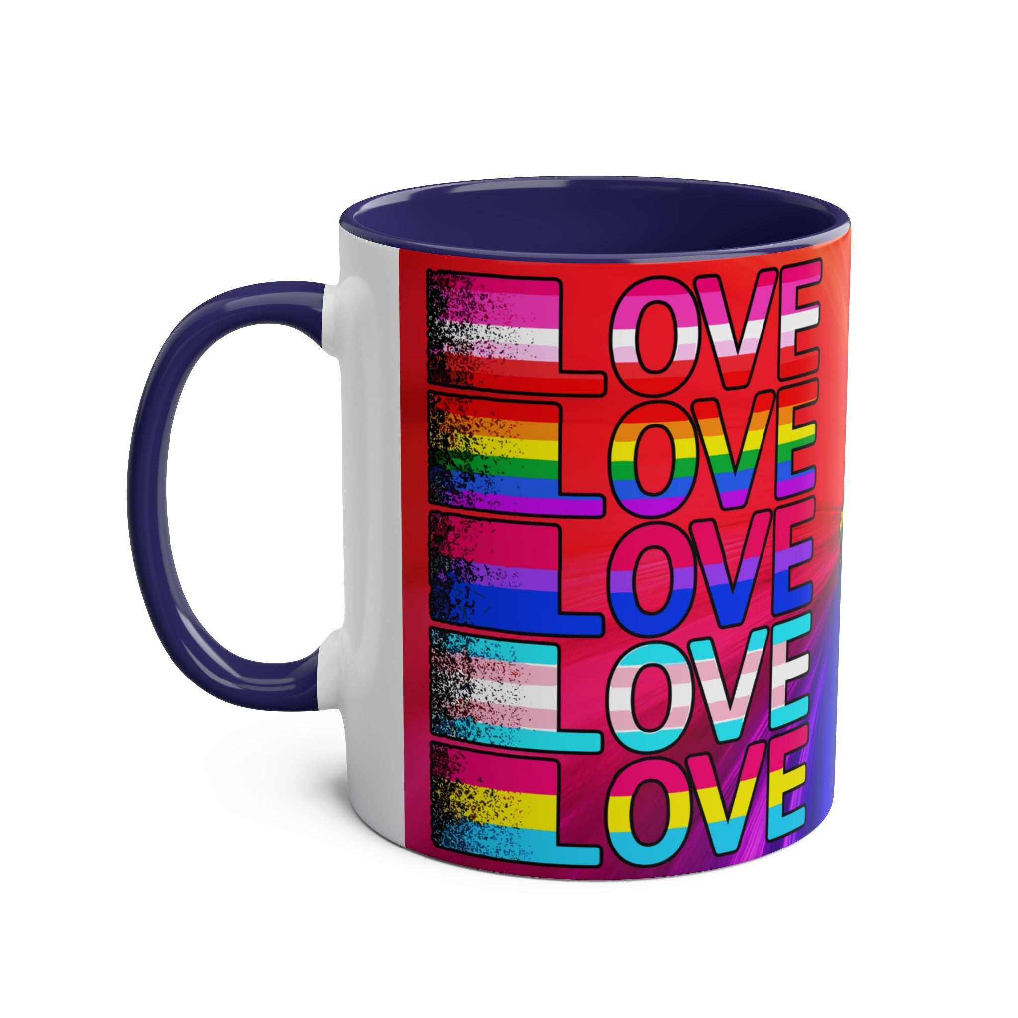 LGBTQ+ Pride Mug with vibrant rainbow design, glossy ceramic, 11oz, microwave and dishwasher safe.