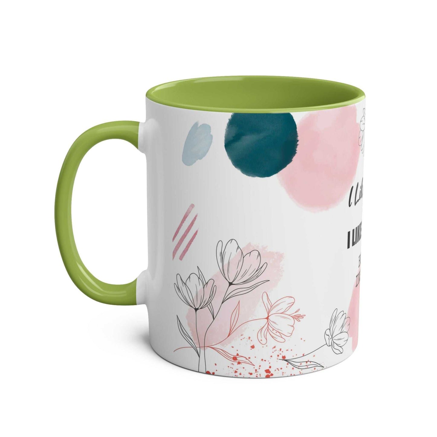 Cheeky Fun Valentines Mug with floral design, green interior, and handle.