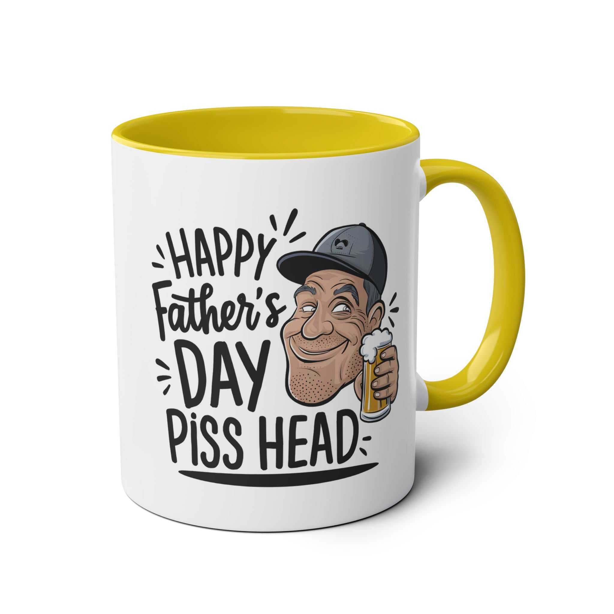 Fathers Day Gift Mug with humorous design and yellow interior. 