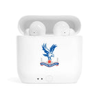 White wireless earbuds with Crystal Palace Fc fan-inspired logo on charging case