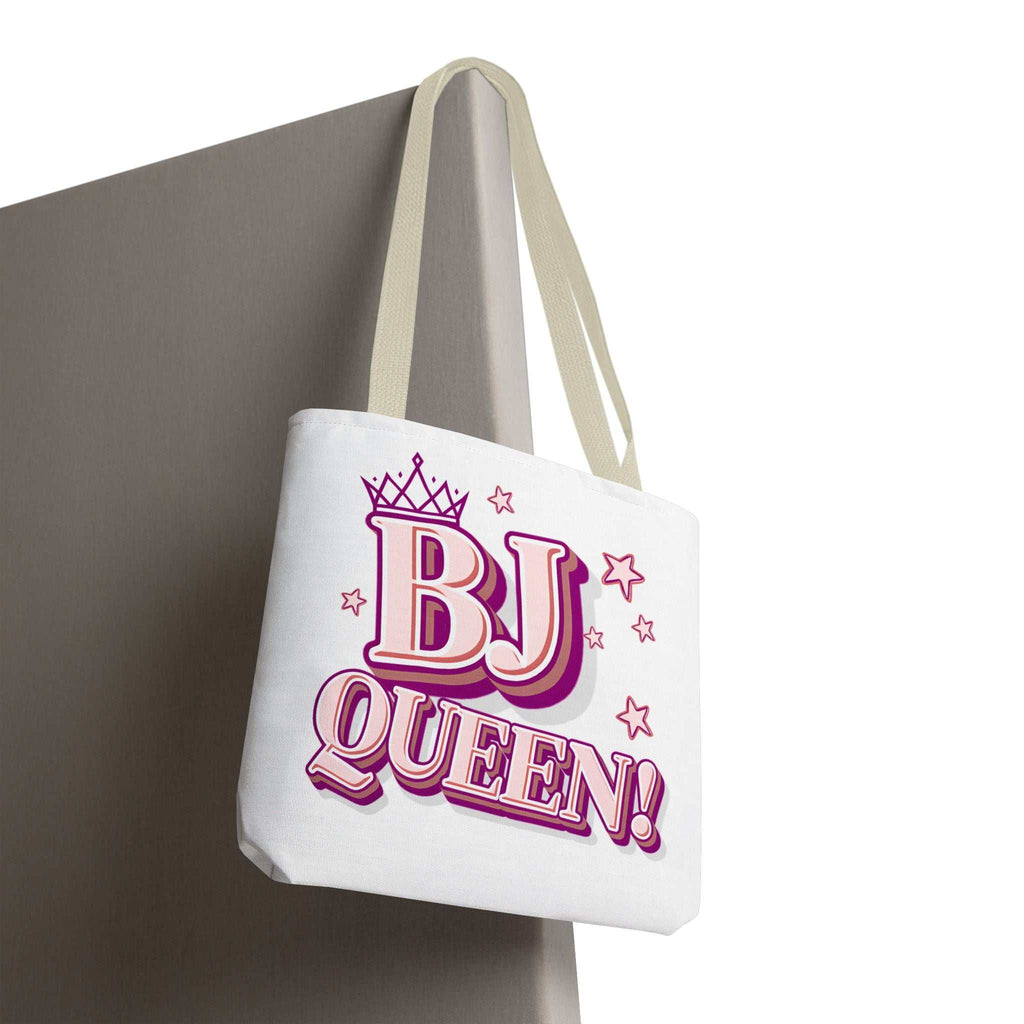 BJ Queen Tote Bag with cheeky design, multiple sizes, durable spun polyester, and colorful handles