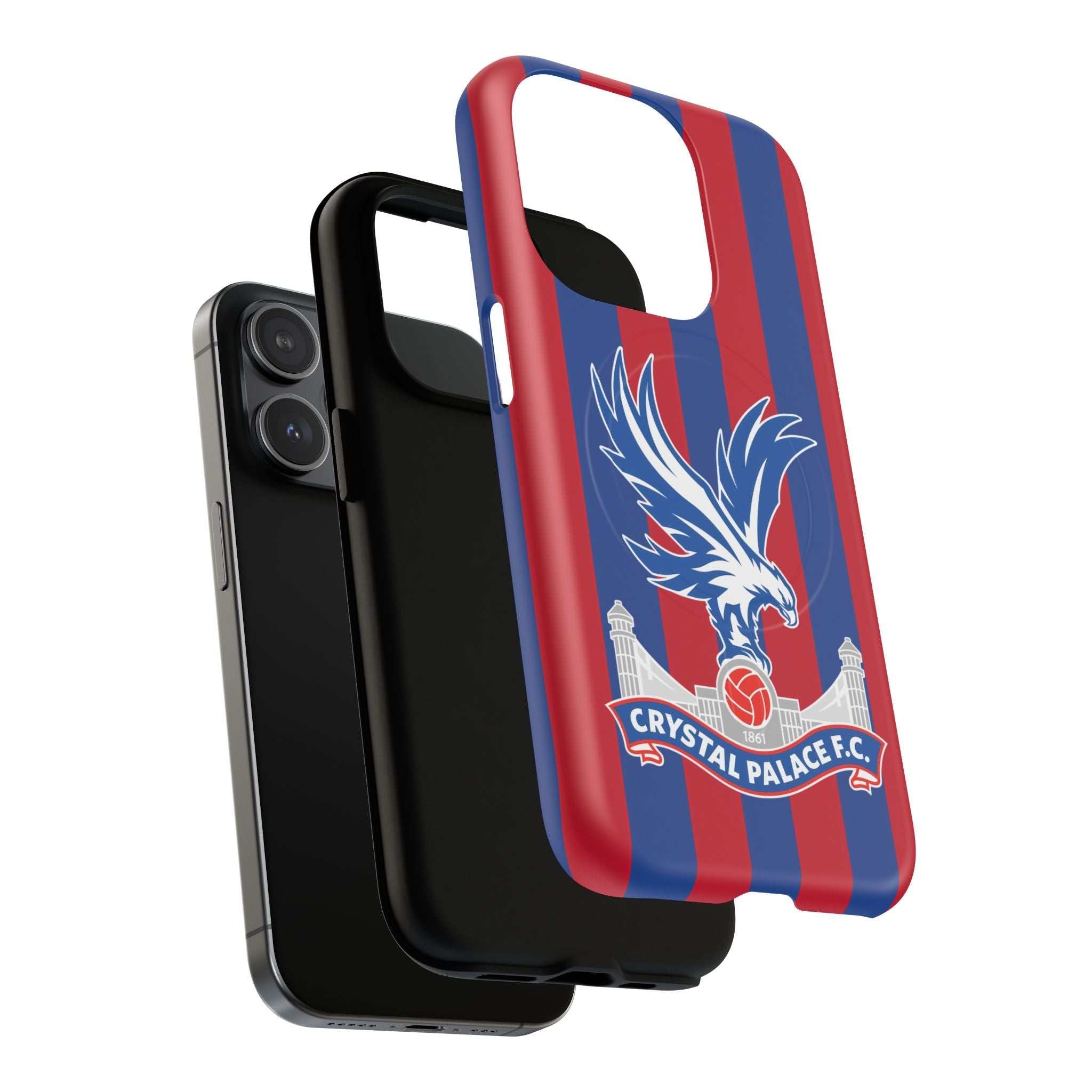 Crystal Palace MagSafe iPhone case with red and blue stripes and eagle crest, dual-layer protection, and MagSafe compatibility