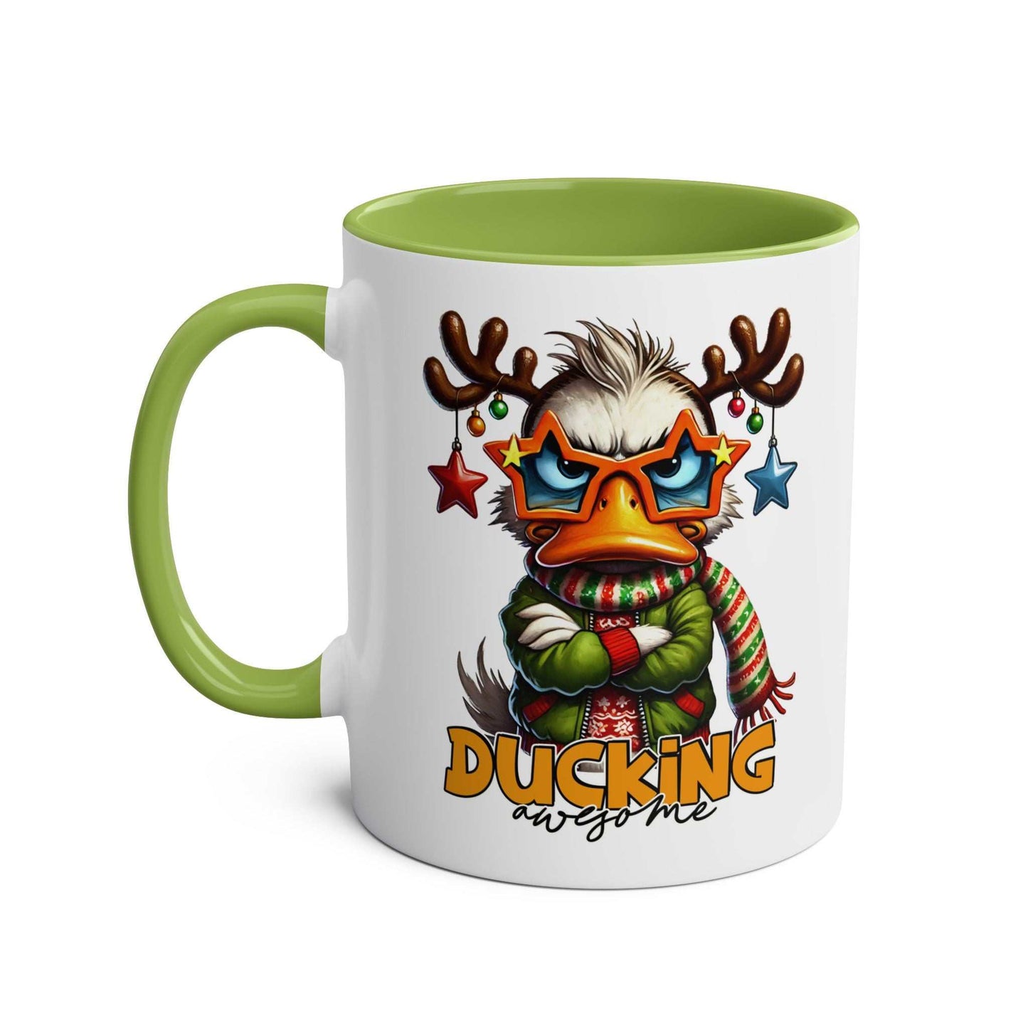 Sarky Christmas Mug with duck design, available in 7 colors, 11oz ceramic, microwave and dishwasher safe.