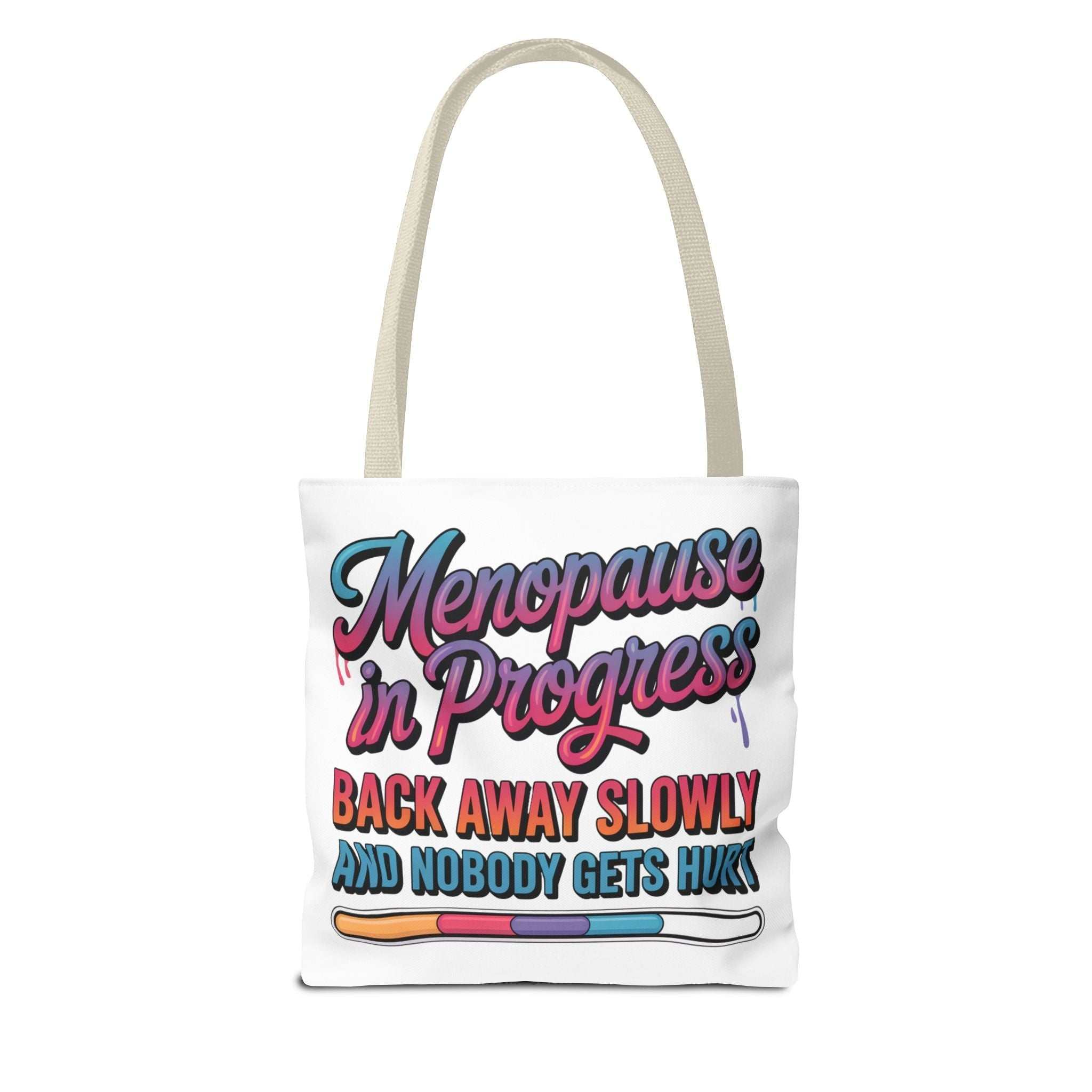 Cheeky Menopause in Progress tote bag with colorful handles, durable polyester, and playful design