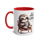 Cute sloth coffee mug with a whimsical design and red interior, perfect for animal lovers.