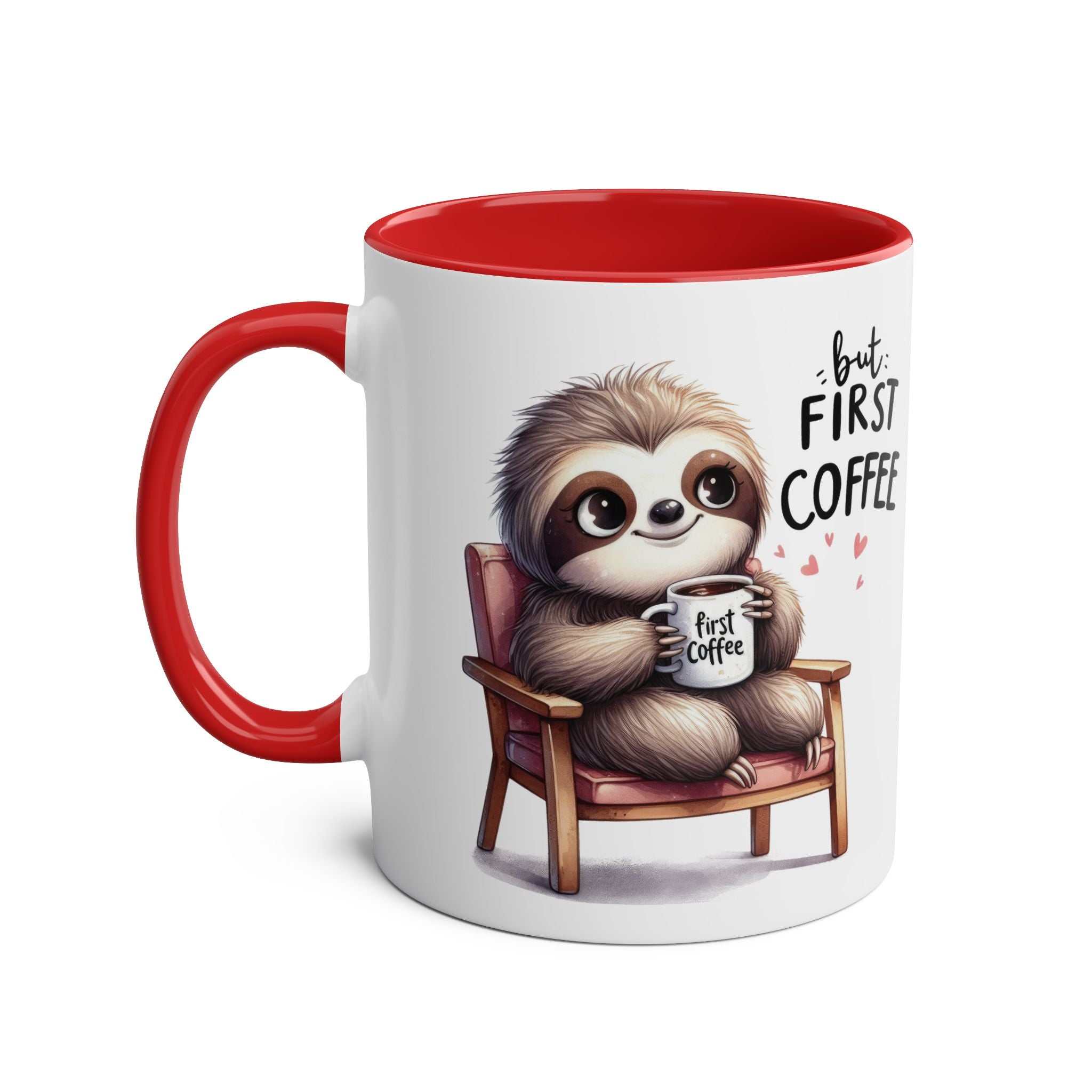 Cute sloth coffee mug with a whimsical design and red interior, perfect for animal lovers.