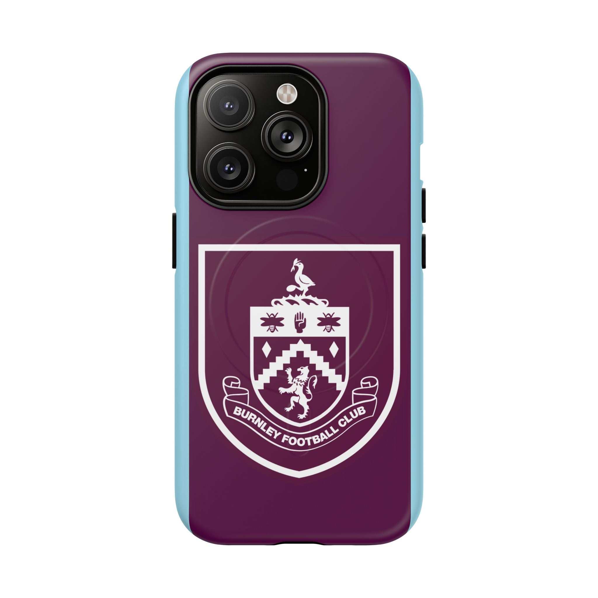 Burnley FC MagSafe iPhone Case with claret and blue colors, official-inspired crest, dual-layer protection, and MagSafe compatibility