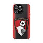 AFC Bournemouth MagSafe iPhone case with red and black colors, club crest, dual layer protection, and MagSafe compatibility
