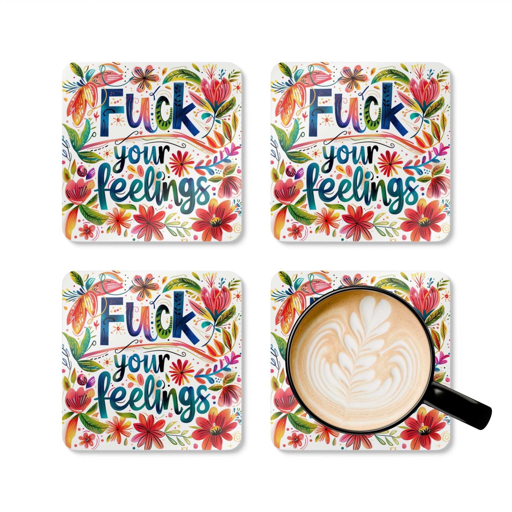 Feelings Coaster Set with colorful floral design and bold text, high-gloss MDF, cork backing, non-slip.