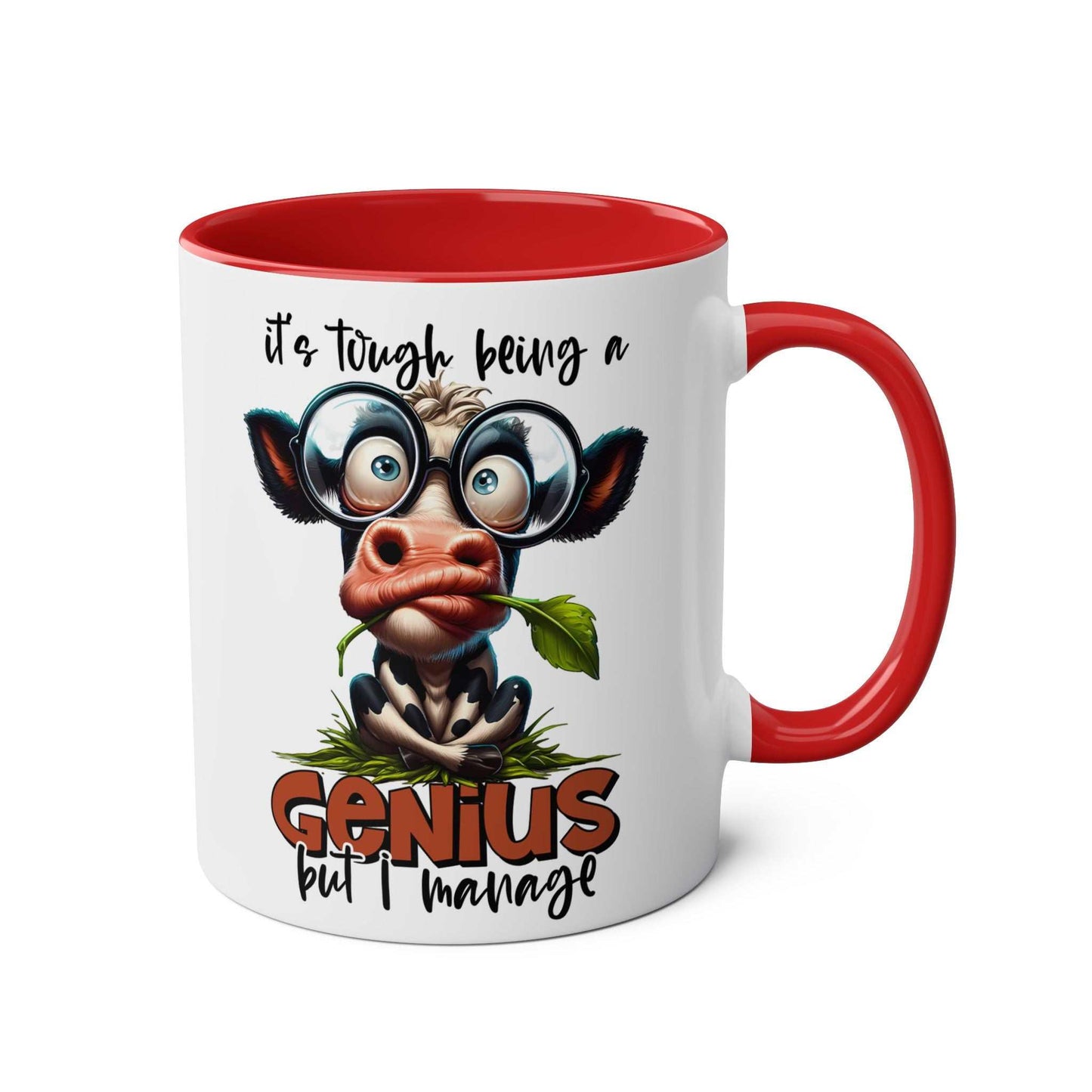 Funny animal graphic coffee mug with humorous design and red interior.