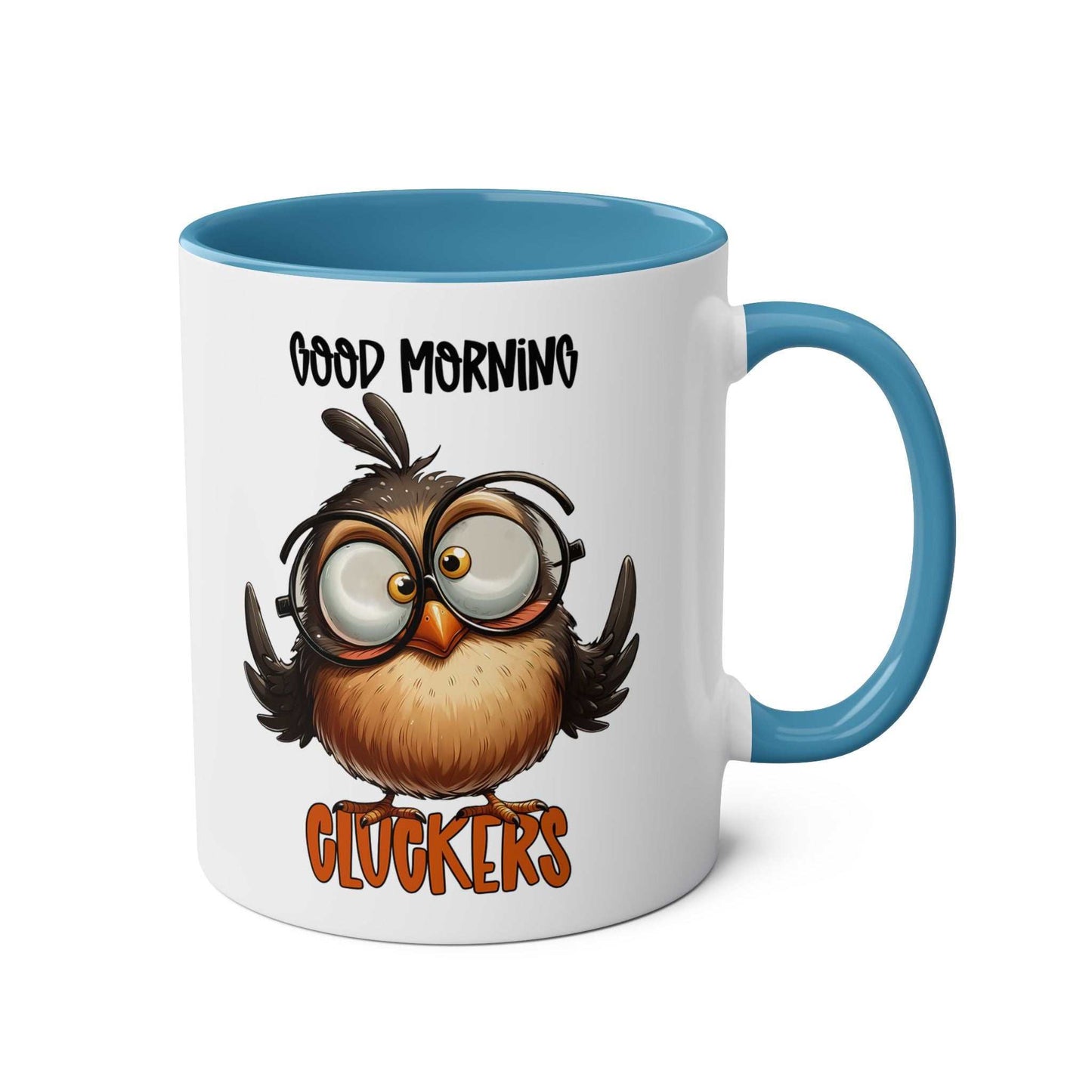 Morning Cluckers Coffee Mug featuring a quirky owl design, 11oz ceramic, glossy finish, available in 7 colors.