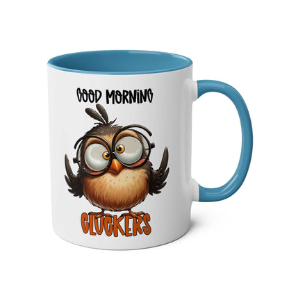 Morning Cluckers Coffee Mug featuring a quirky owl design, 11oz ceramic, glossy finish, available in 7 colors.