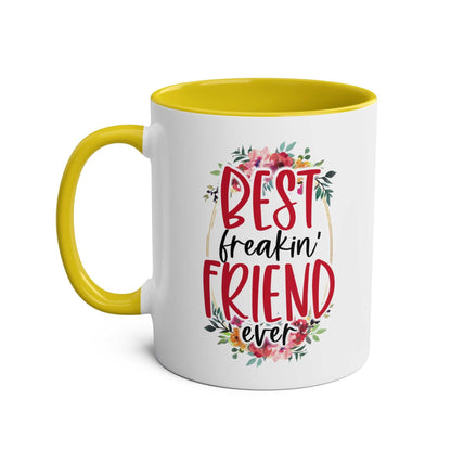 Best Freaking Friend Coffee Mug with floral design and yellow interior.