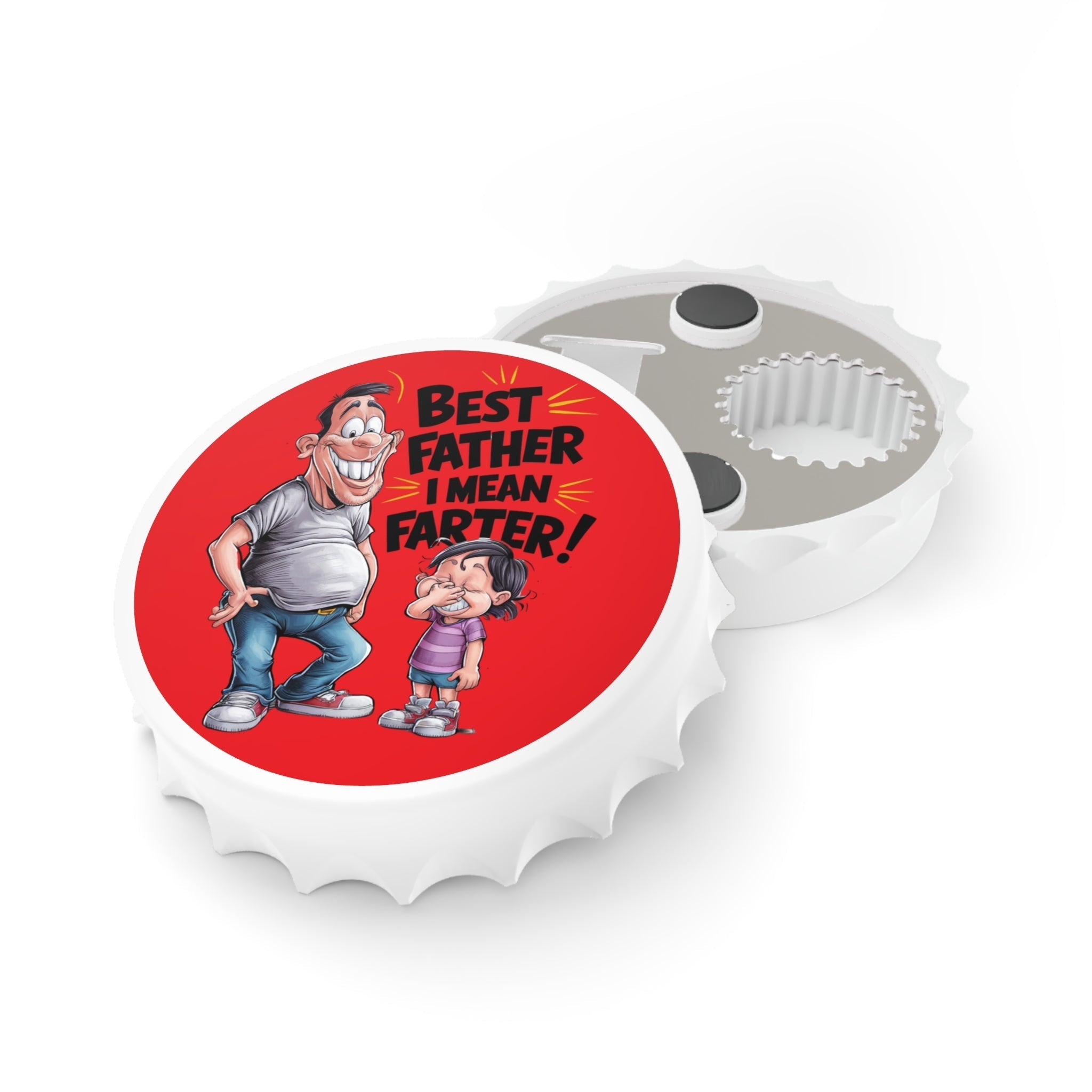 3-inch magnetic Farter Bottle Opener with vibrant artwork and dual metal opening mechanisms