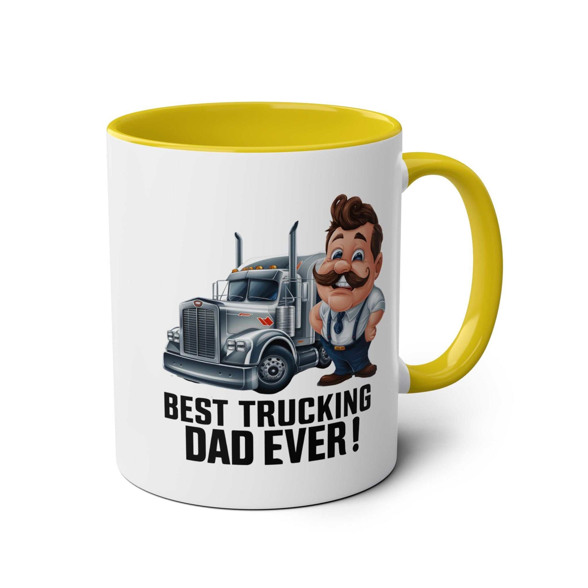 Best Trucking Dad mug with a fun design, perfect Father's Day gift, yellow interior.