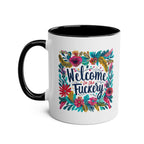 Fuckery Coffee Mug with floral design and cheeky text, 11oz ceramic, glossy finish.