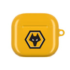 Wolves FC AirPods protective case in gold with black wolf crest, shock-resistant and wireless charging compatible