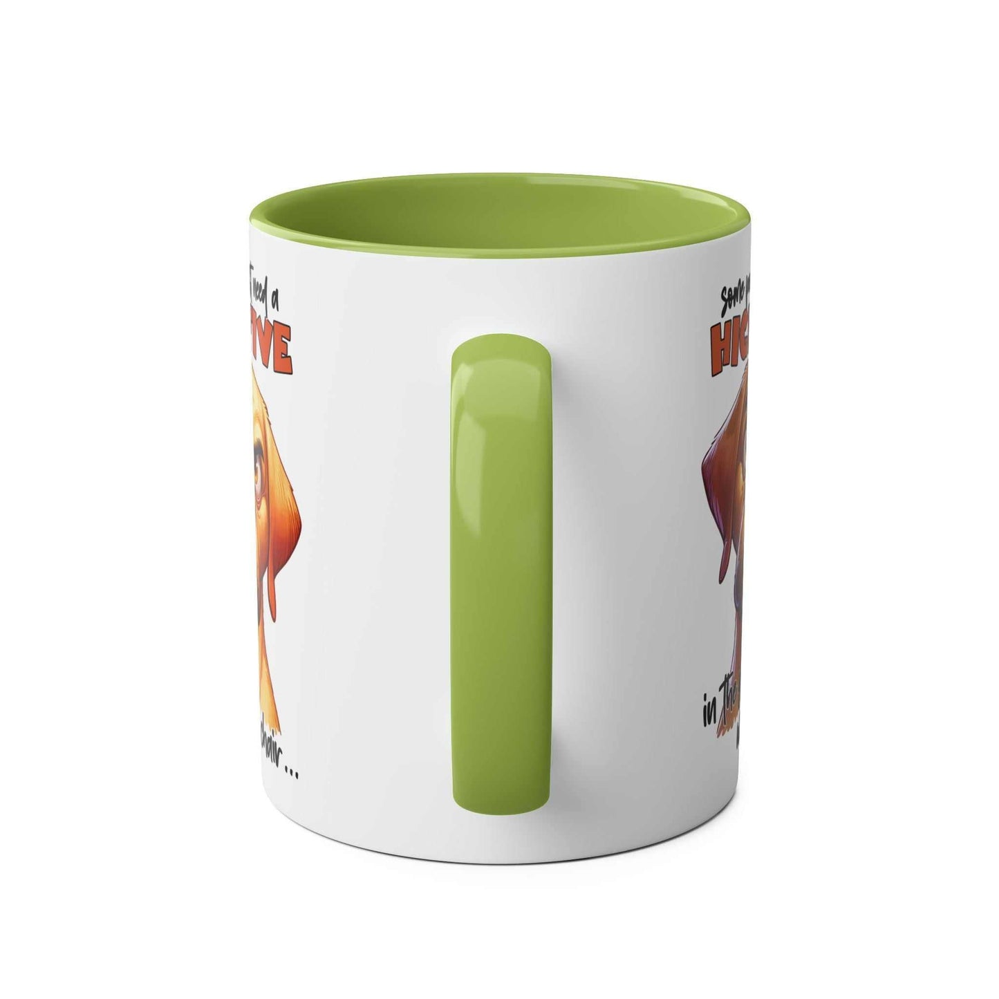 High Five Coffee Mug featuring snarky dog graphic with green handle and interior.