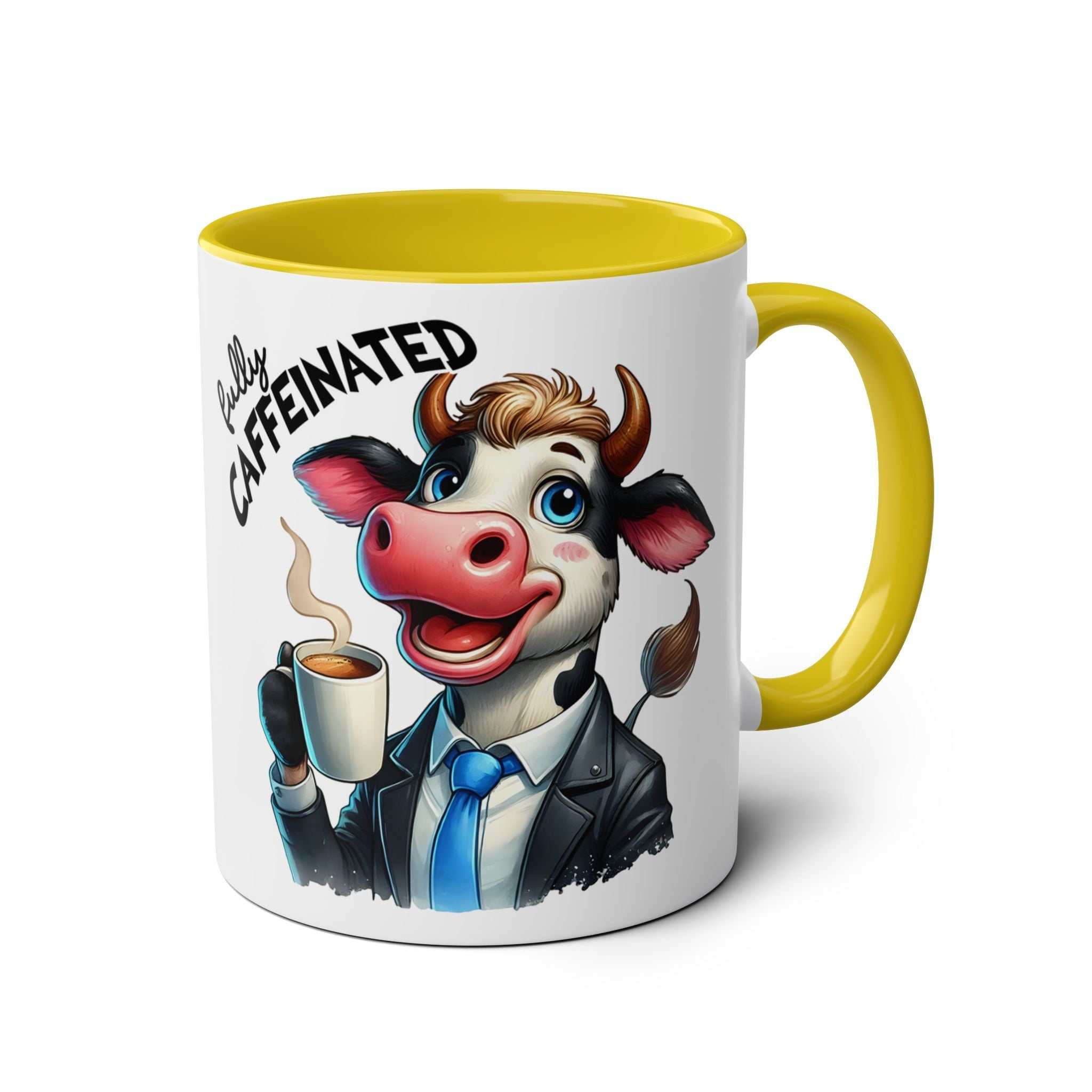 Fun Sarcastic Coffee Mug with cartoon cow design, yellow handle, "fully caffeinated" text, 11oz ceramic, dishwasher safe.