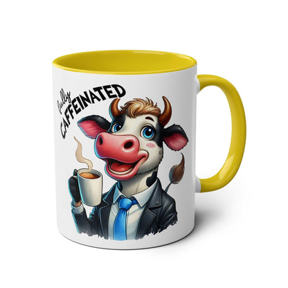 Fun Sarcastic Coffee Mug with cartoon cow design, yellow handle, "fully caffeinated" text, 11oz ceramic, dishwasher safe.