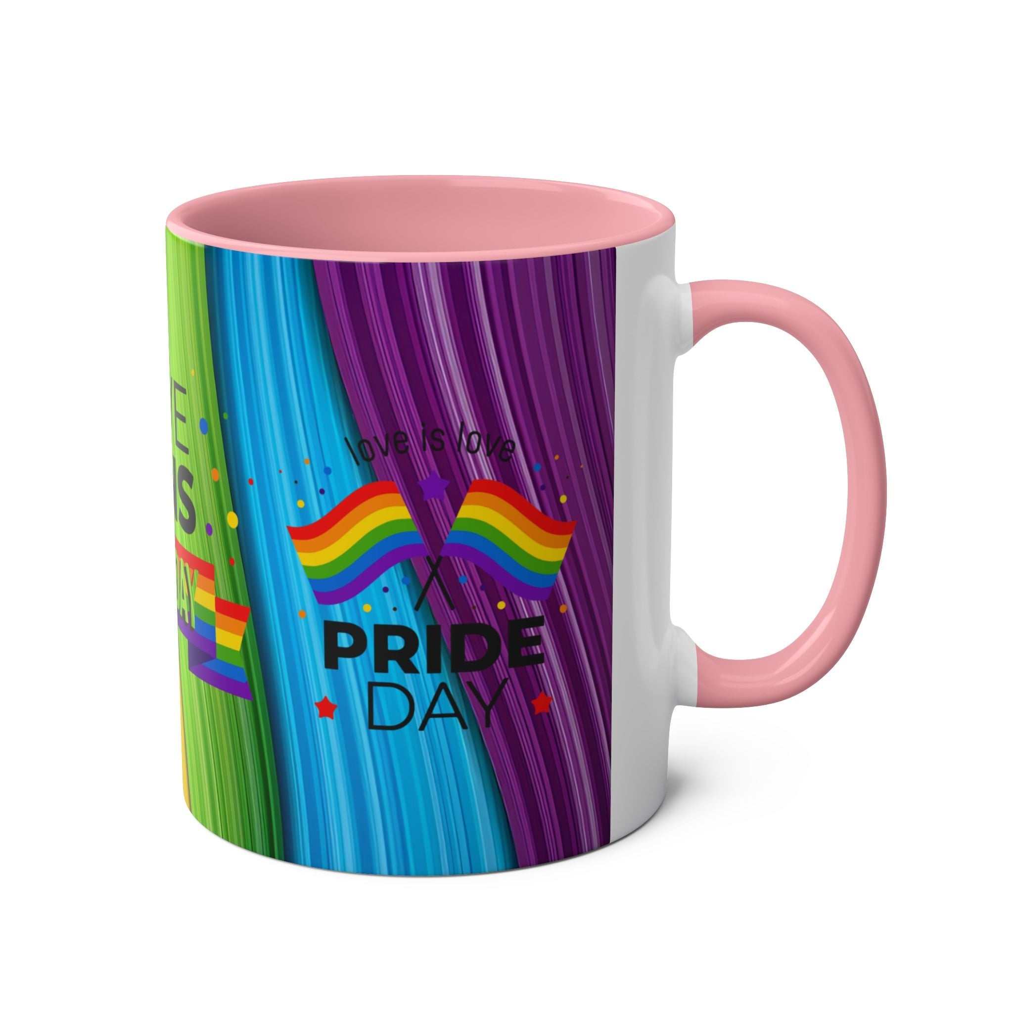 LGBTQ+ Pride Mug with vibrant rainbow design, ceramic, glossy finish.