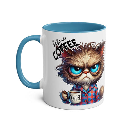 Fun Sarcastic Coffee Mug with humorous cat graphic, blue handle, and "Before Coffee" text.