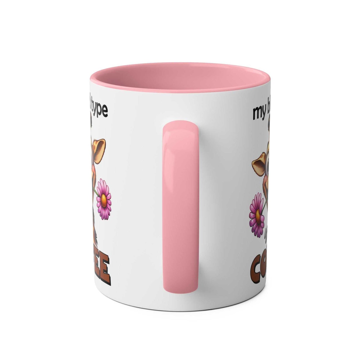 Funny giraffe design on My Blood Type Coffee Mug with pink handle and text.