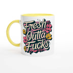 Fresh Outta Fucks Fun Mug, colorful ceramic with yellow rim and handle, 11oz capacity.
