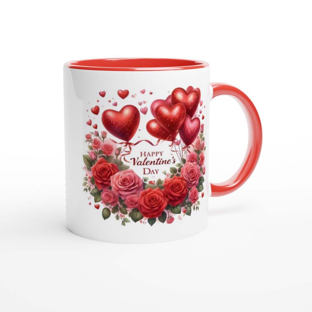 Ceramic Valentines mug with heart and rose design, red interior and handle.