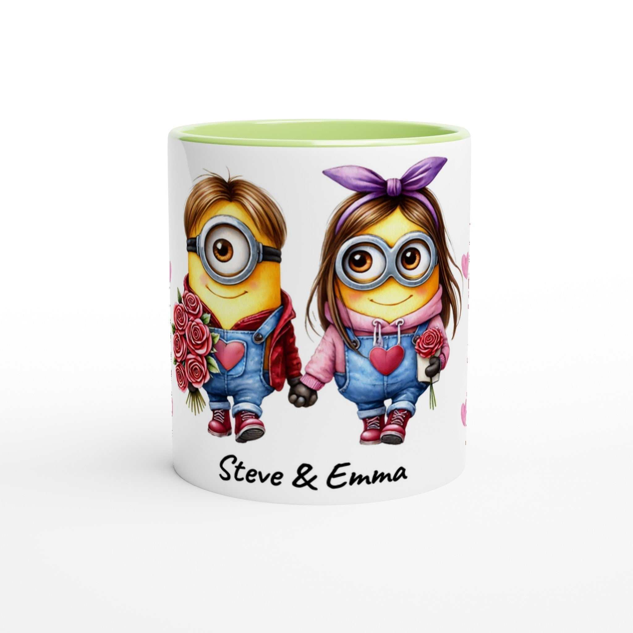 Cute Minions personalised Valentine mug with a vibrant design featuring Minions holding roses, customizable with names, green rim.