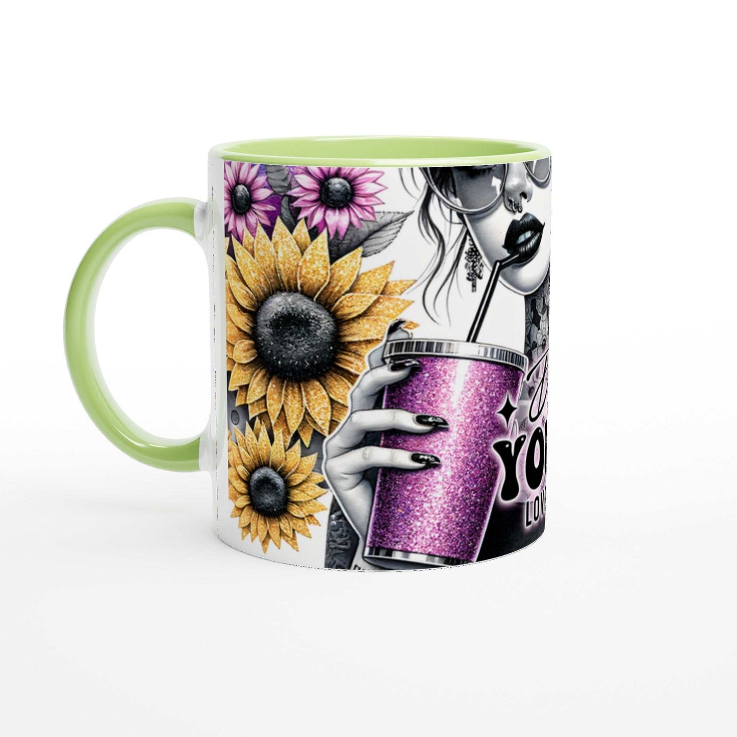 Do What You Love - Motivational Coffee Mug with vibrant floral design and green accents, 11oz ceramic, microwave and dishwasher safe.