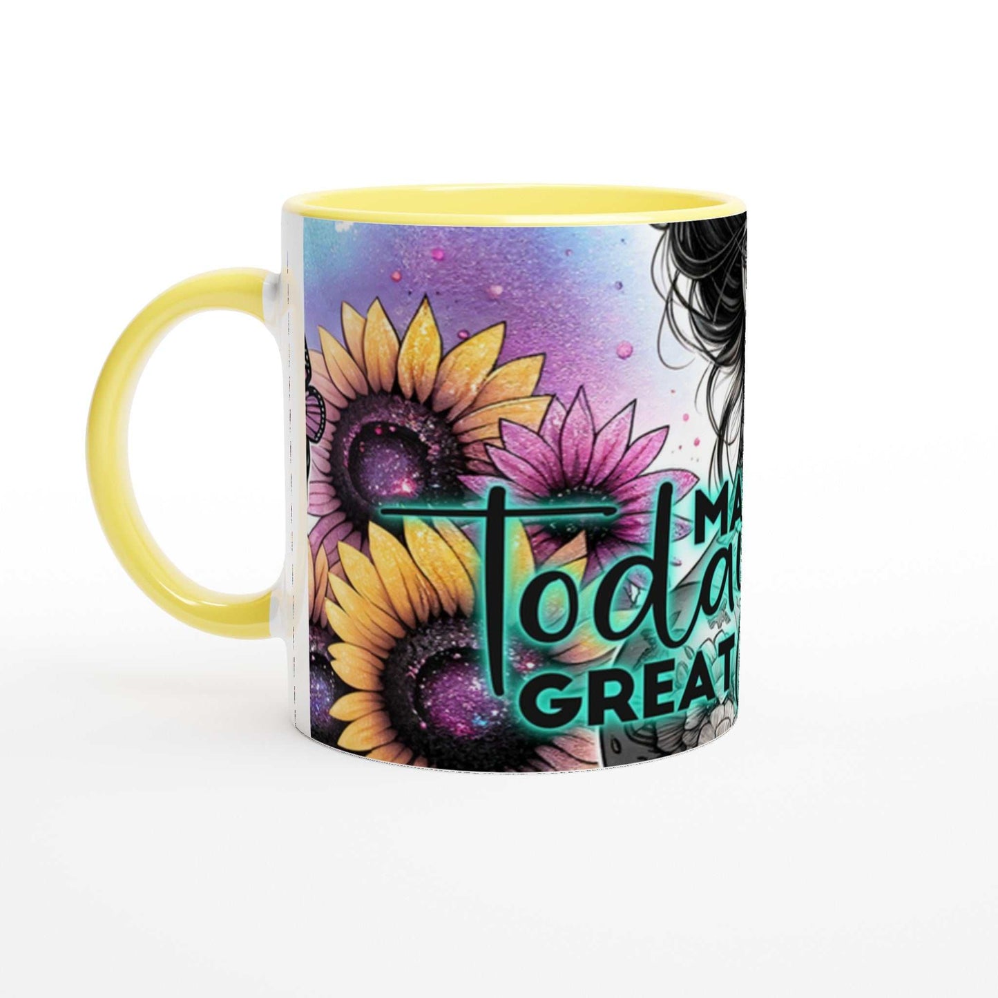 Make Today Great motivational coffee mug with vibrant sunflower design, yellow handle, and interior.