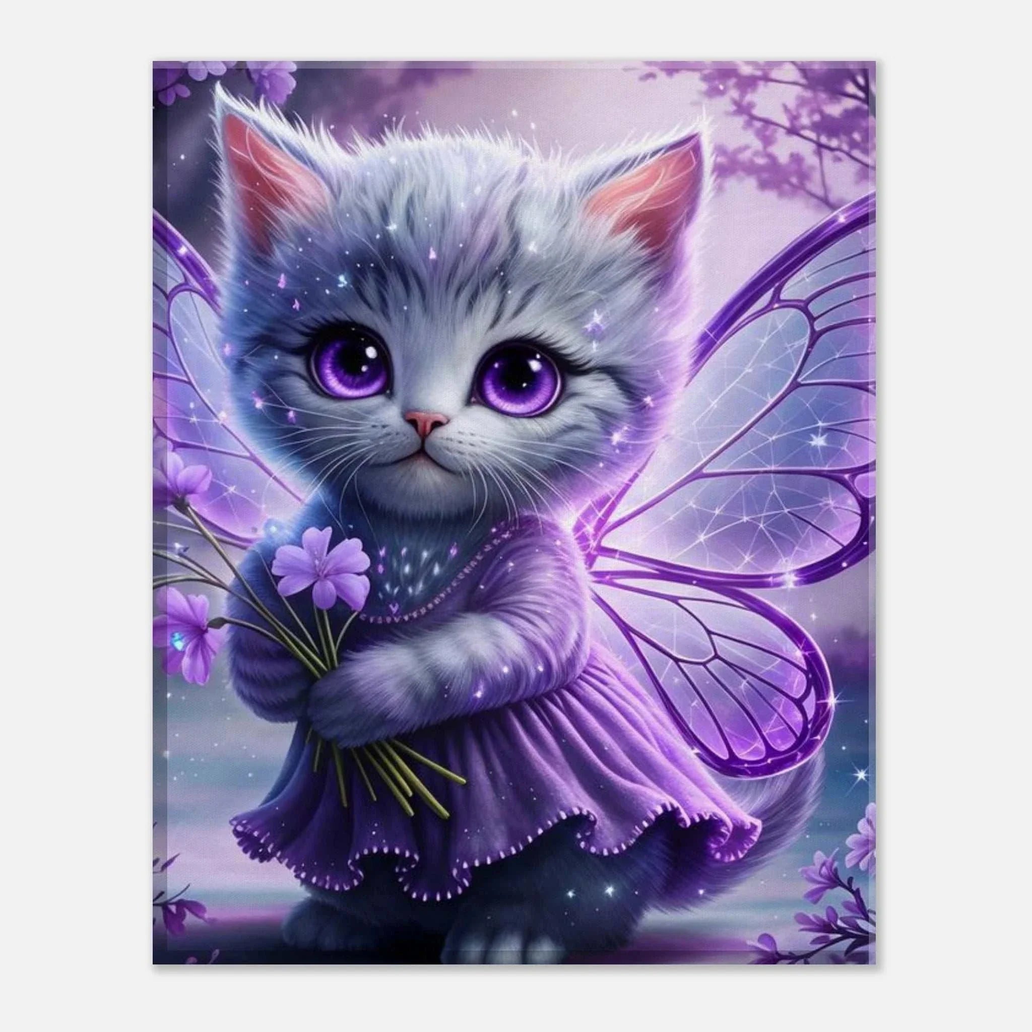 Adorable Fairy Kitten Wall Canvas featuring a magical kitten with fairy wings, perfect for whimsical decor.