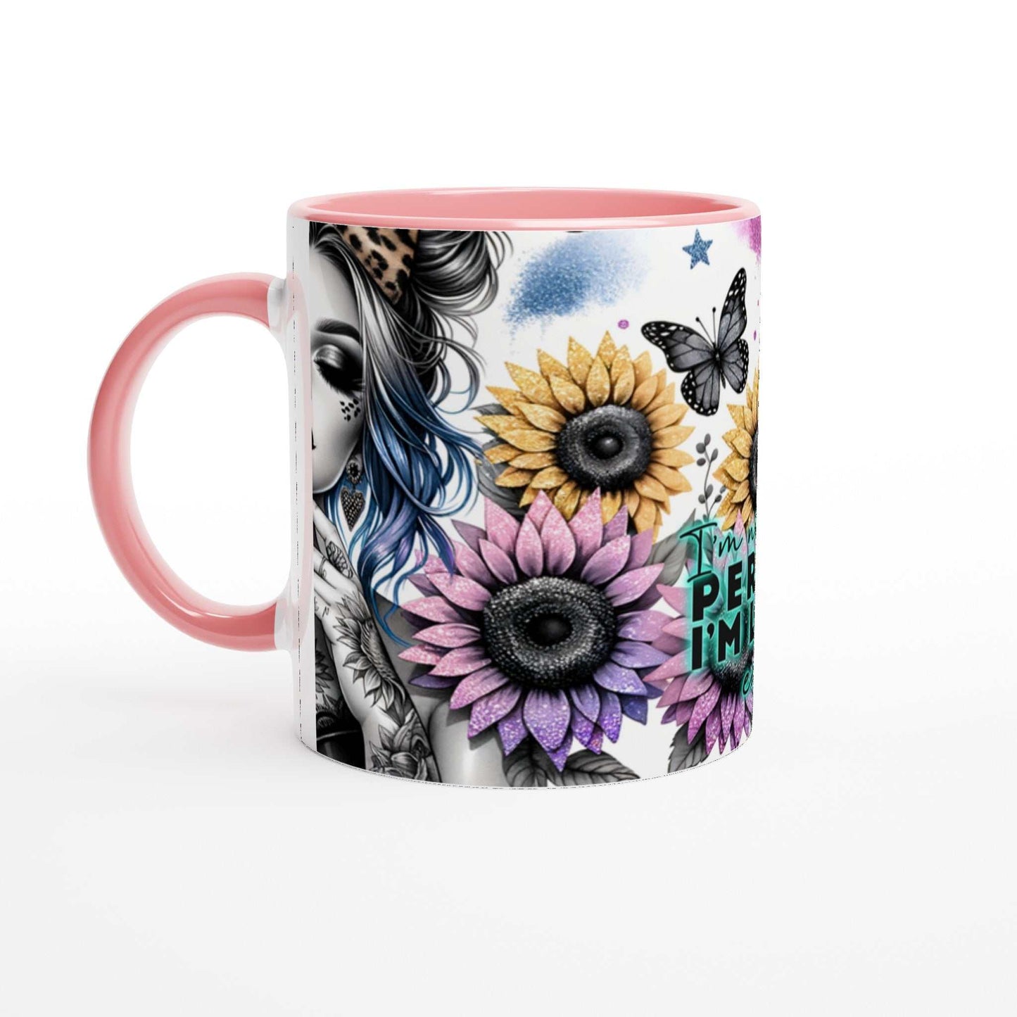 I'm Not Perfect Motivational Coffee Mug with colorful flowers and butterfly design.