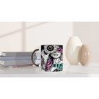 Motivational ceramic mug with "Remember Your Why" design, vibrant colors, and glossy finish on a table.